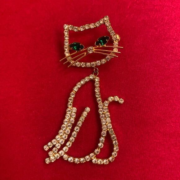 Rinestone kitty cat green eyes missing pin - Picture 2 of 4